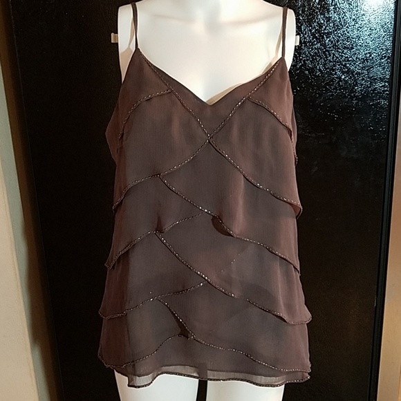 Lapis Tops - Lapis Tiered Beaded Taupe Spaghetti Strap Top Sz M